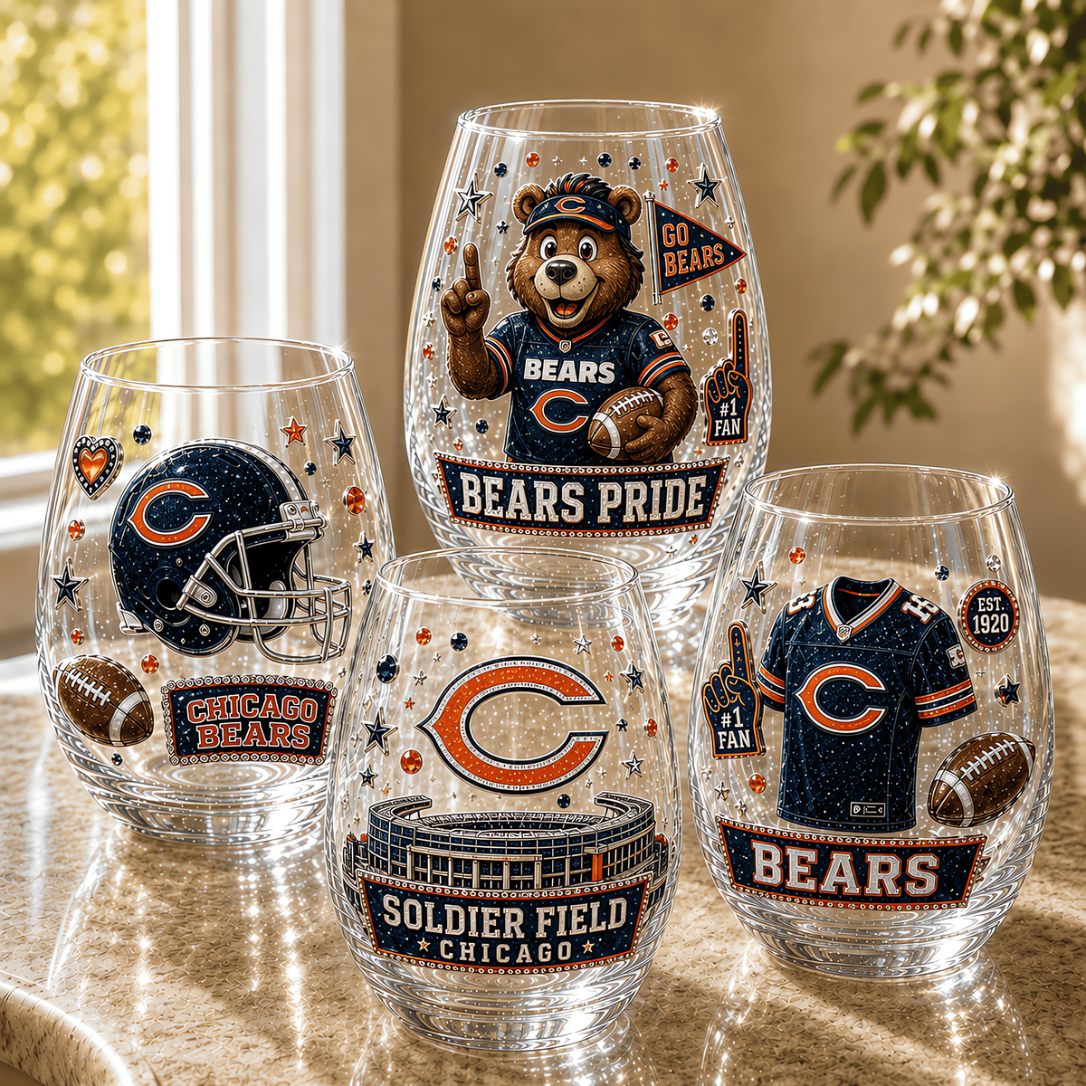 Chicago Bears NFL Combo Full Set 4 Stemless Glass Special Gift For Fan