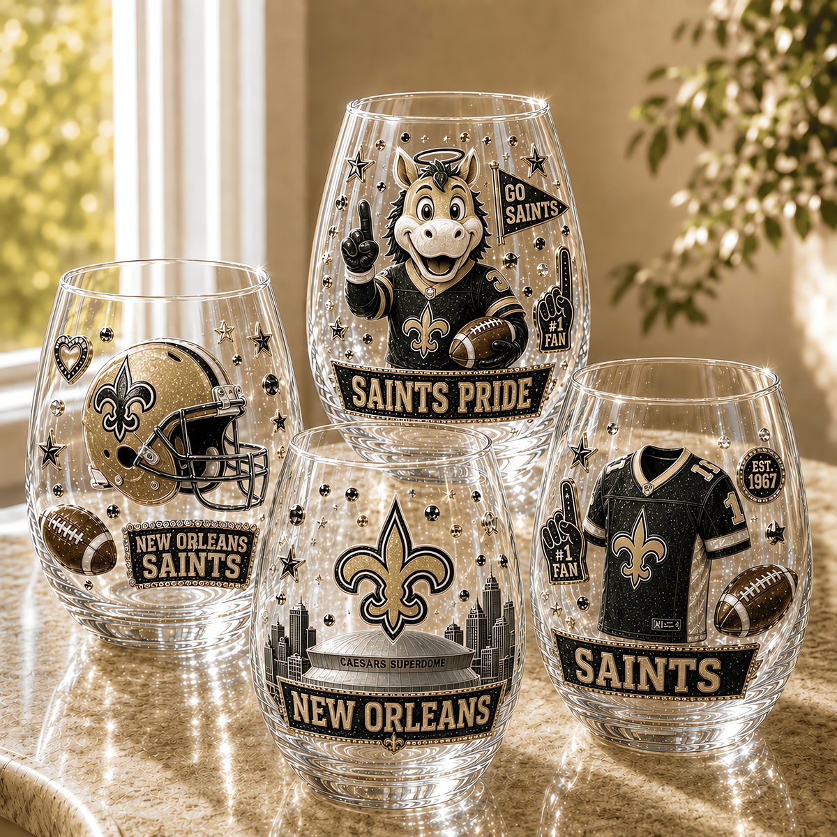 New Orleans Saints NFL Combo Full Set 4 Stemless Glass Special Gift For Fan
