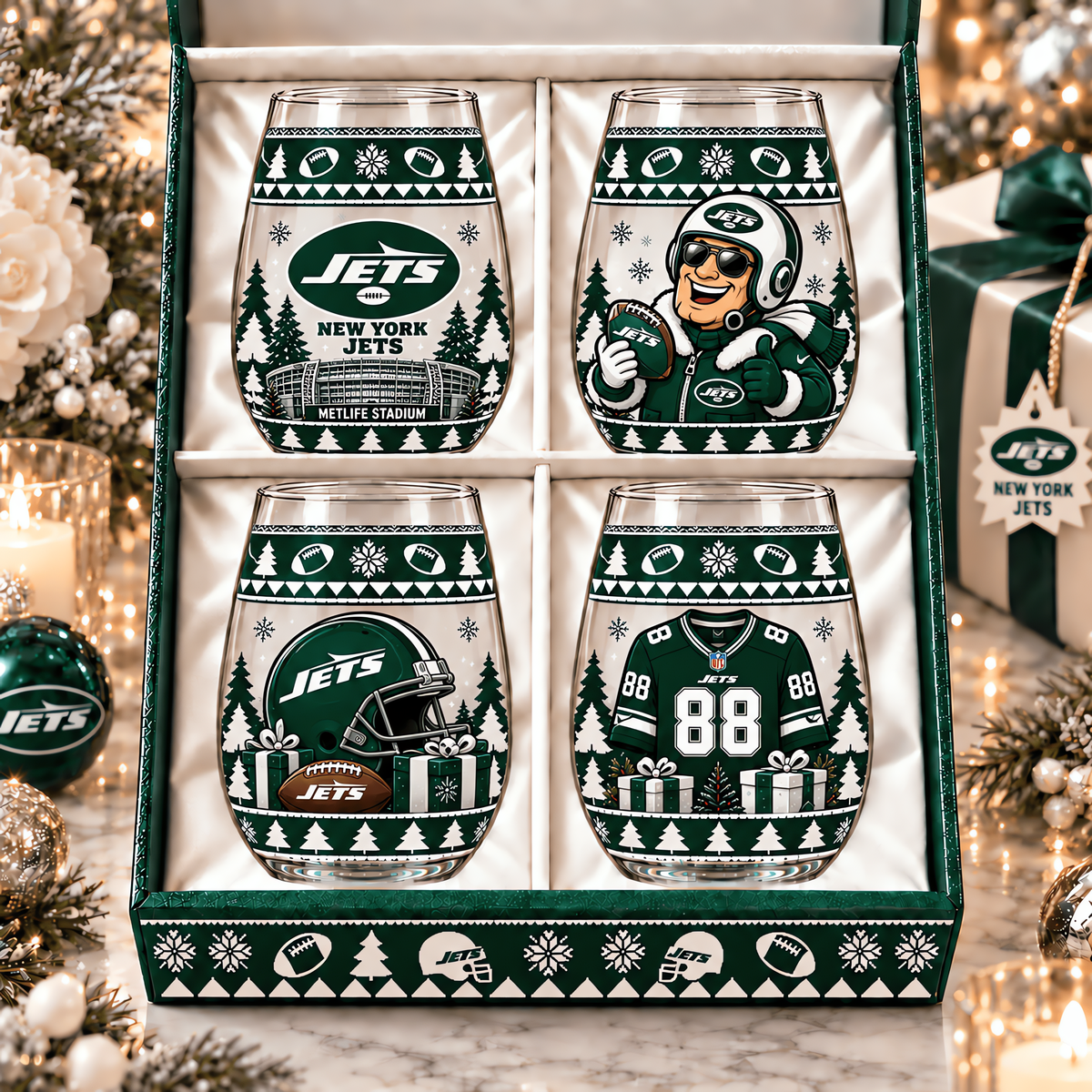 New York Jets NFL Personalized Stemless Glass Set 4– Premium Limited Edition Gift for Men, Women & Football Fans