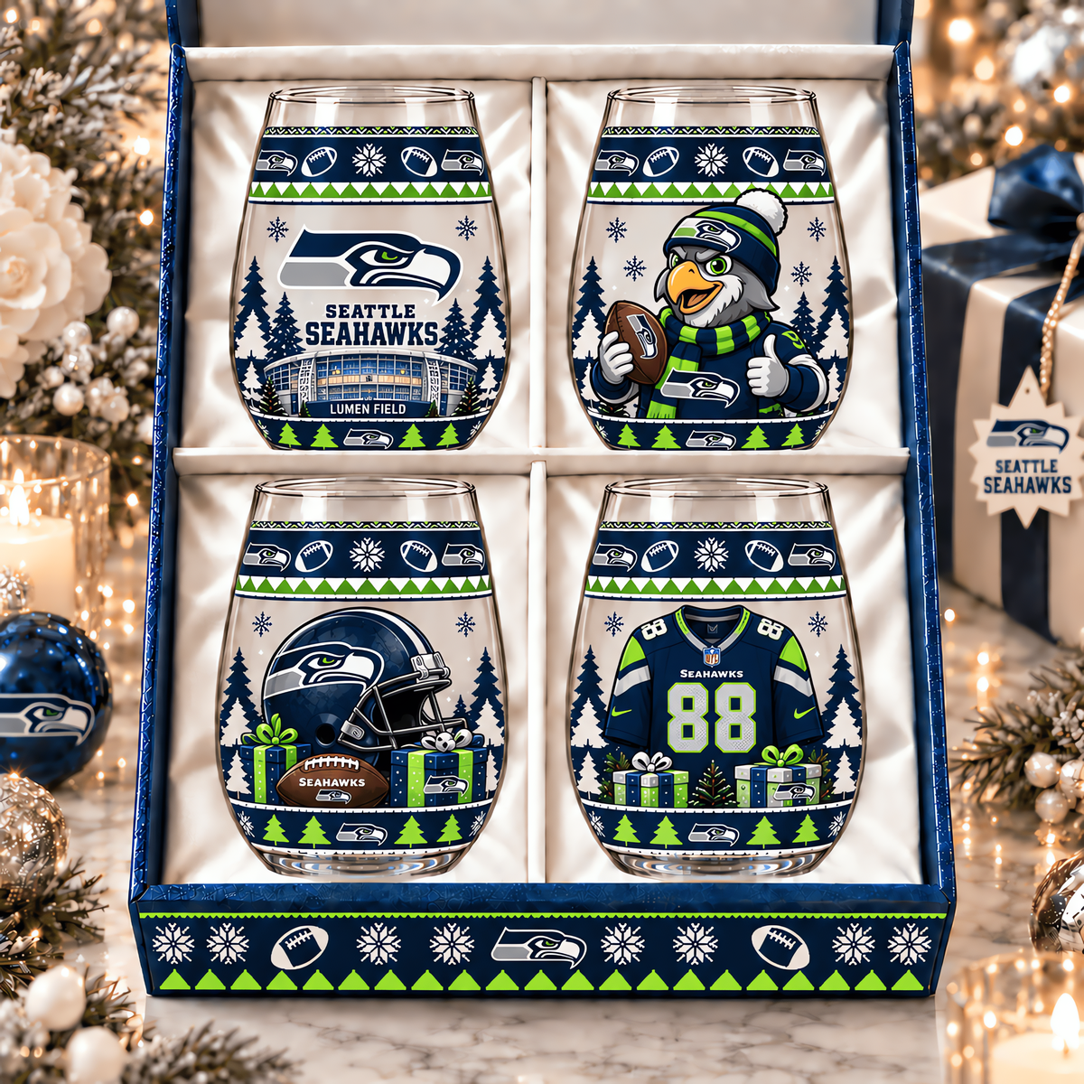 Seattle Seahawks NFL Personalized Stemless Glass Set 4– Premium Limited Edition Gift for Men, Women & Football Fans