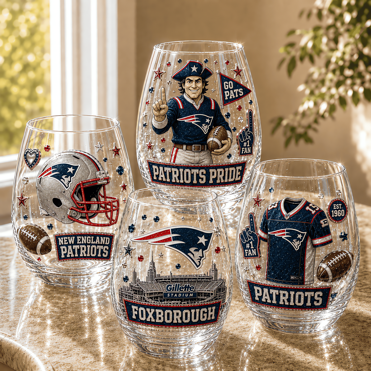 New England Patriots NFL Combo Full Set 4 Stemless Glass Special Gift For Fan
