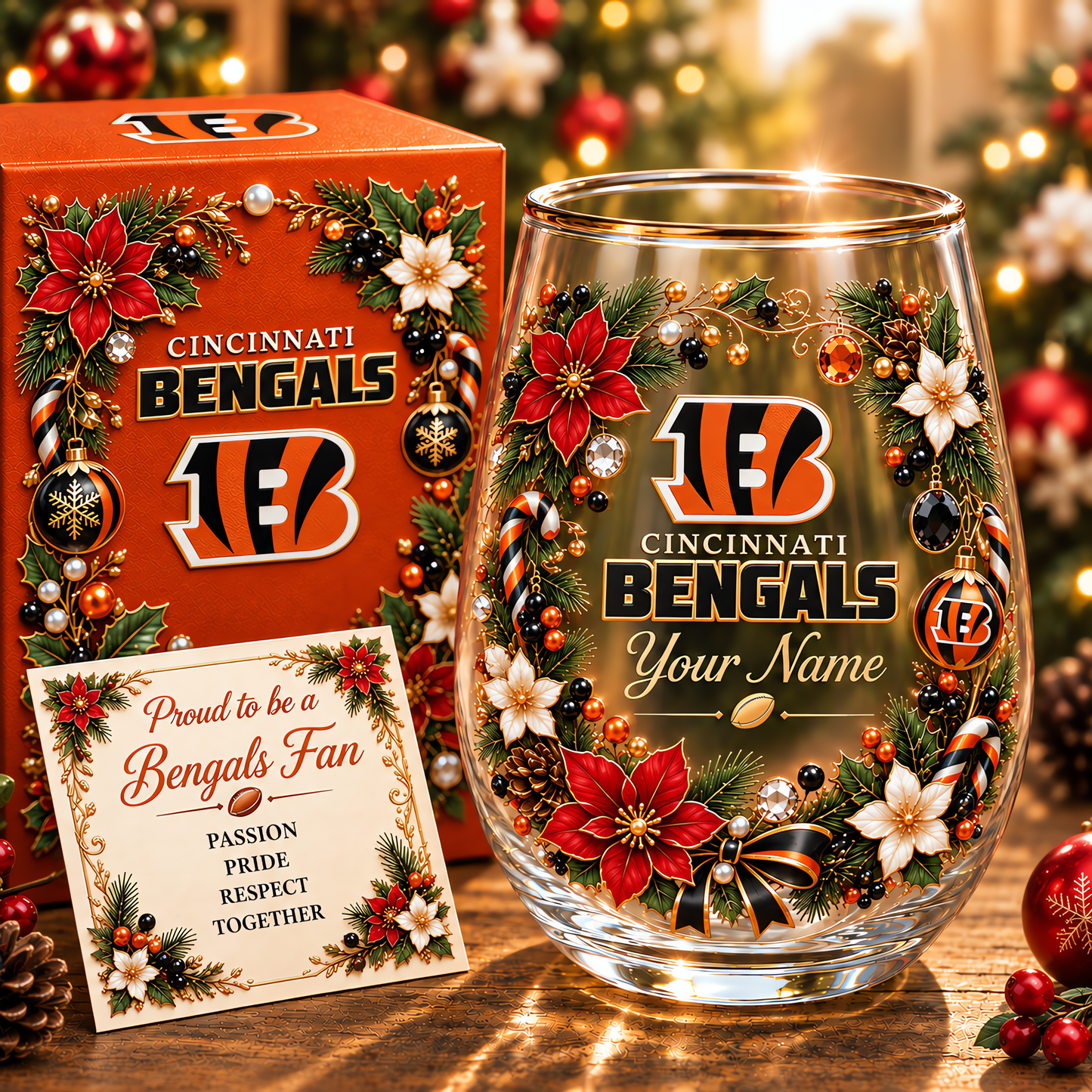 Cincinnati Bengals NFL Christmas Flowers Stemless Glass Custom Any Name Gift For Fan