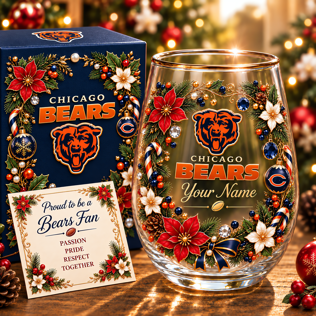 Chicago Bears NFL Christmas Flowers Stemless Glass Custom Any Name Gift For Fan