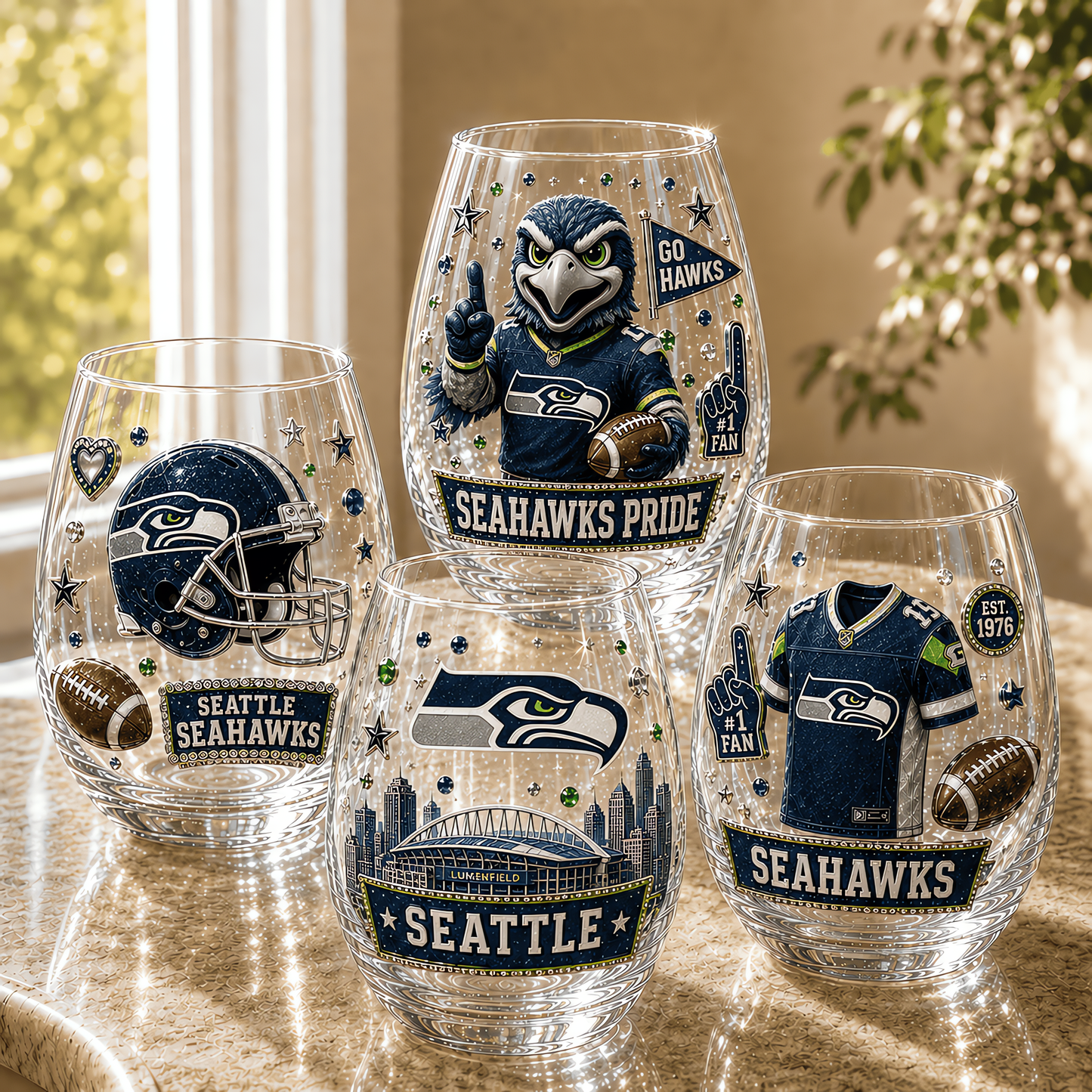 Seattle Seahawks NFL Combo Full Set 4 Stemless Glass Special Gift For Fan