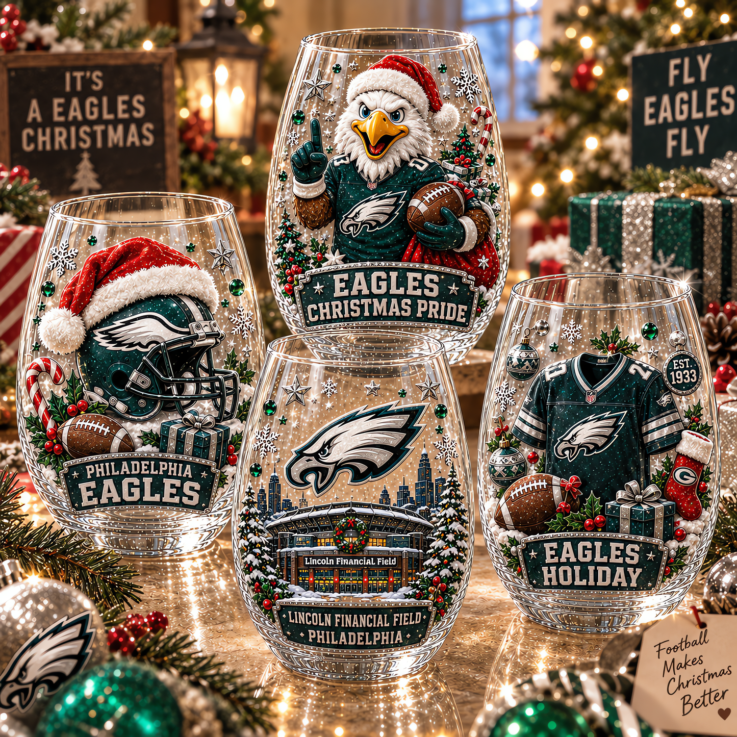 Philadelphia Eagles NFL Set 4 Christmas Stemless Glass Gift For Fan Love