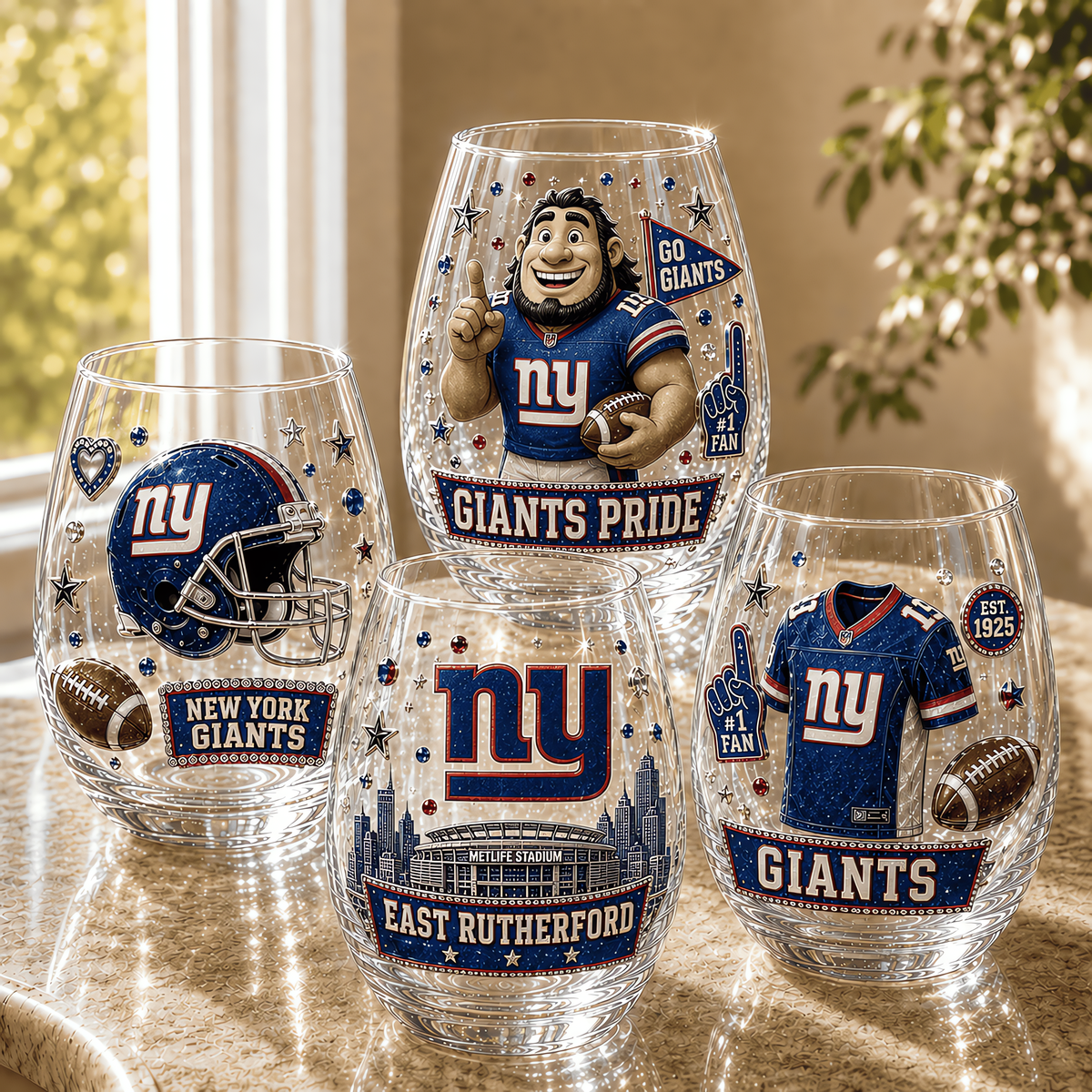 New York Giants NFL Combo Full Set 4 Stemless Glass Special Gift For Fan