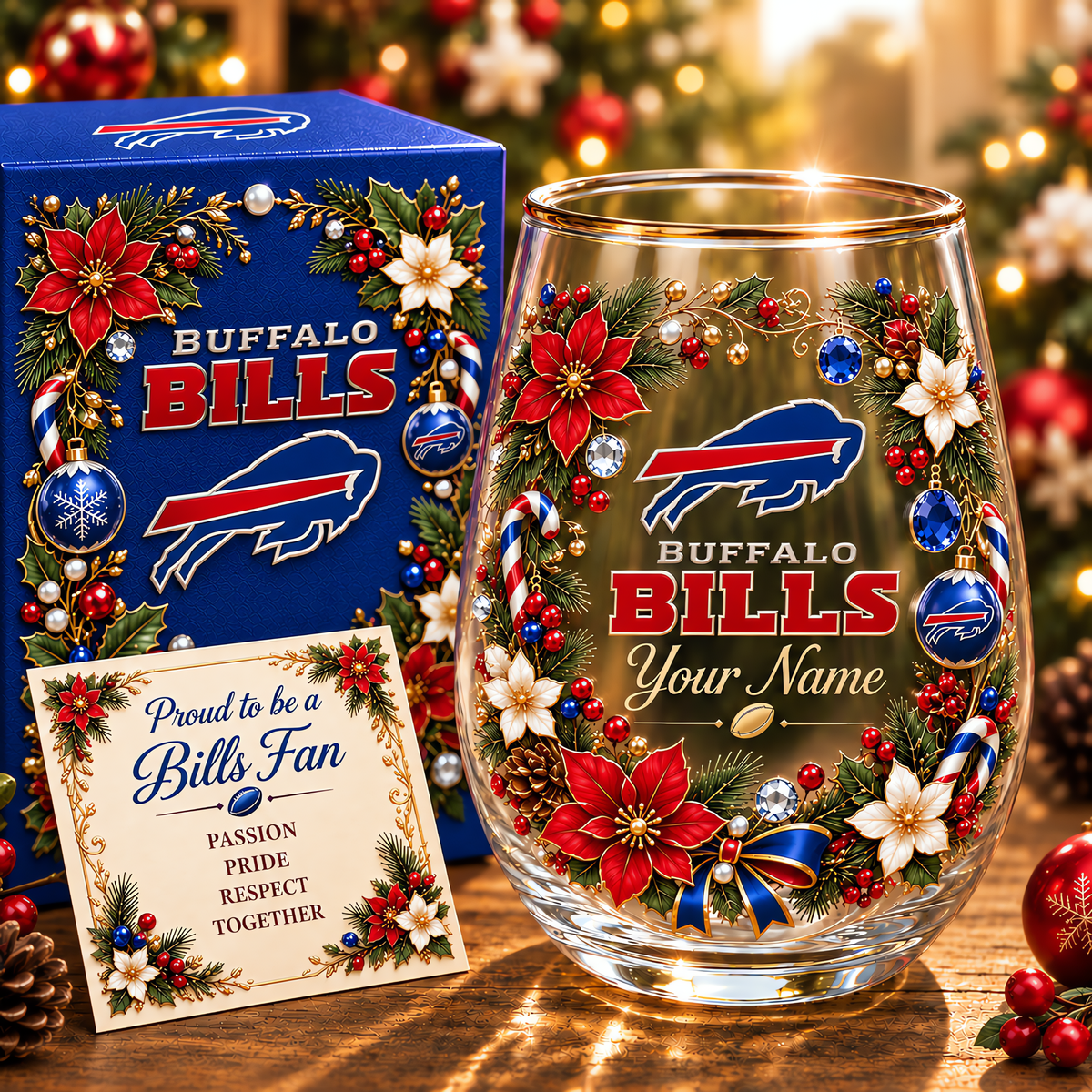 Buffalo Bills NFL Christmas Flowers Stemless Glass Custom Any Name Gift For Fan