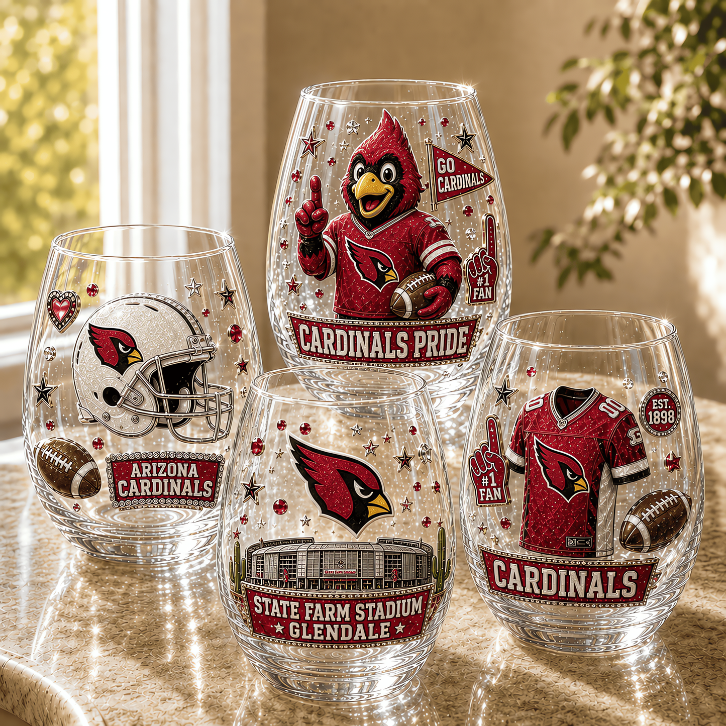 Arizona Cardinals NFL Combo Full Set 4 Stemless Glass Special Gift For Fan