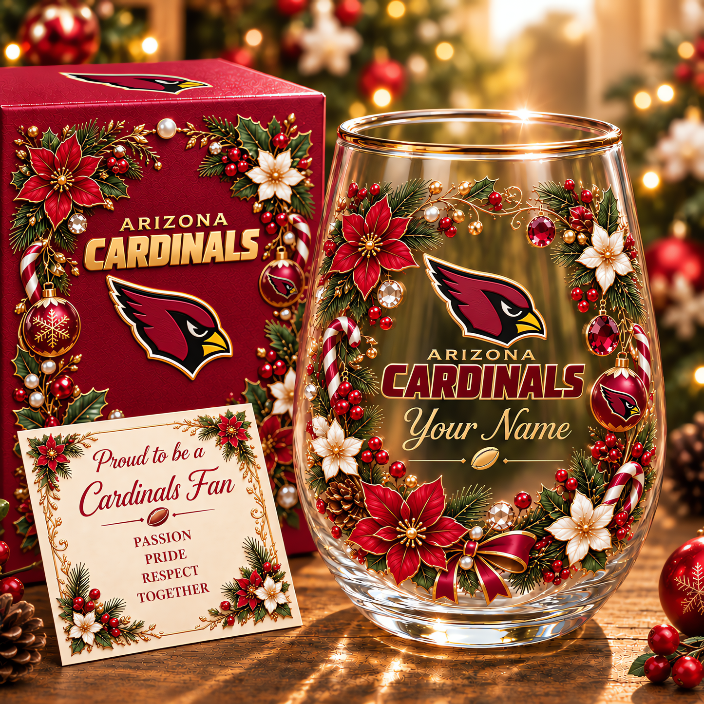Arizona Cardinals NFL Christmas Flowers Stemless Glass Custom Any Name Gift For Fan