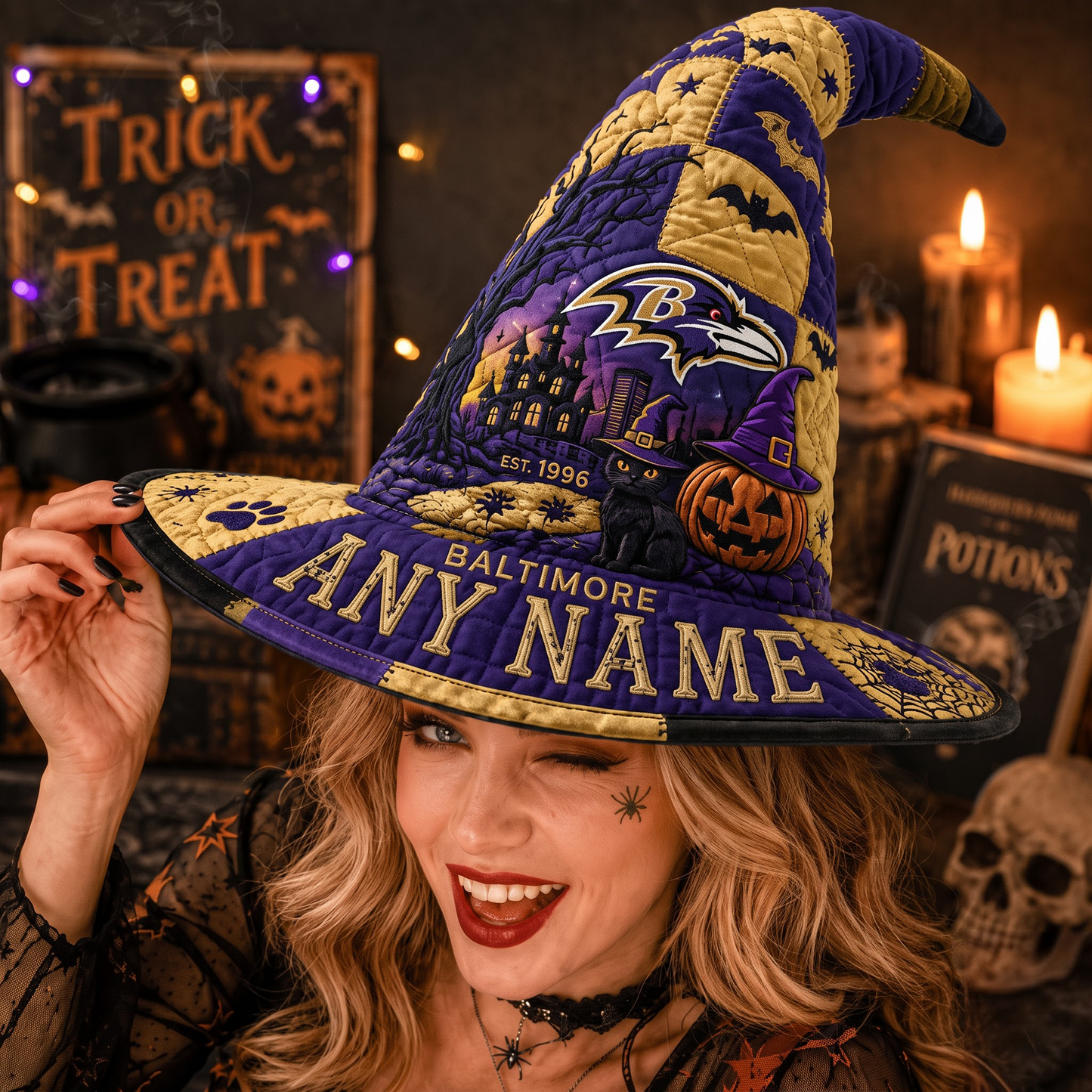 BAL X NFL Spooky Football Fan Halloween Quilted Witch Hat - Custom Name Gift