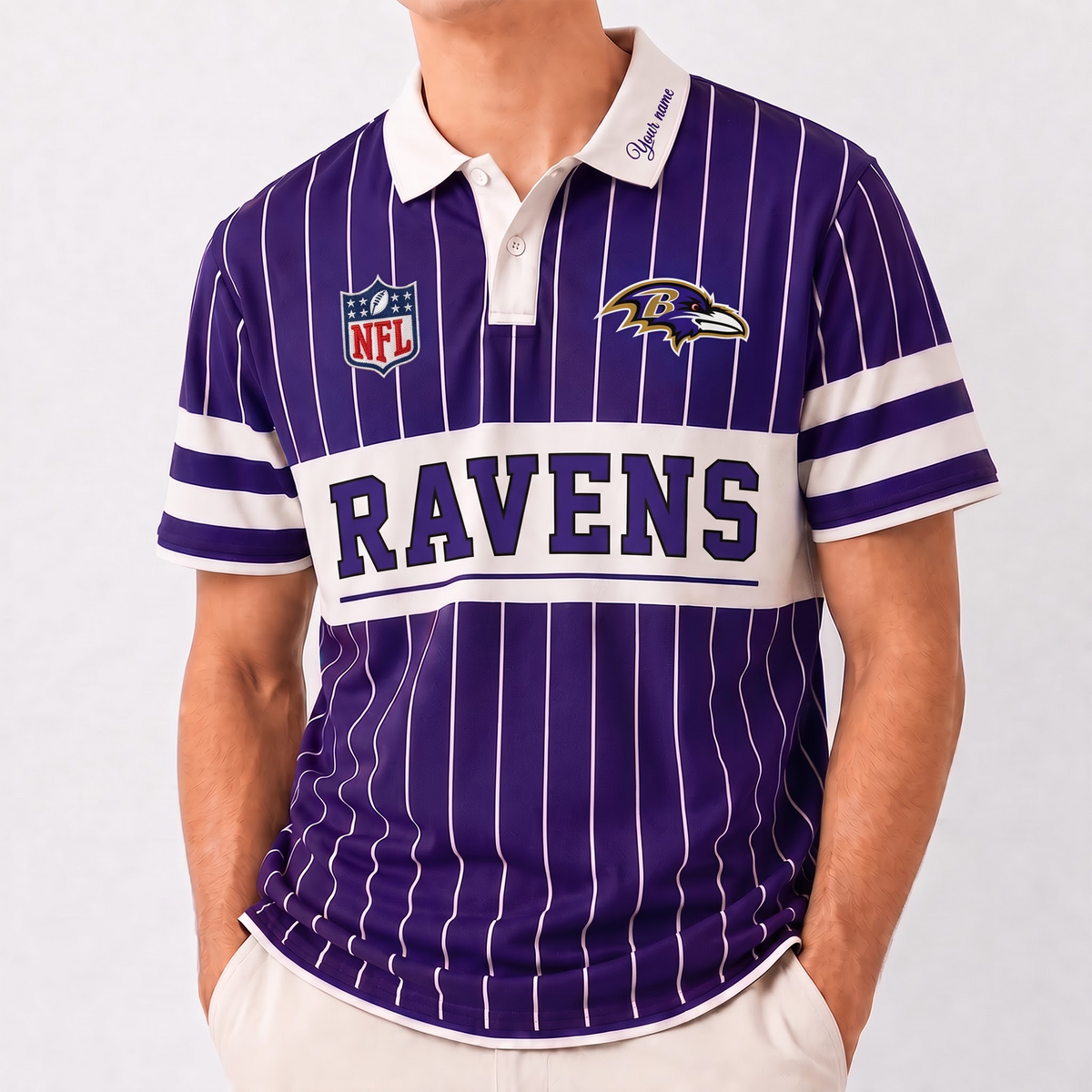 BR x NFL Fan Vintage Pinstripe Polo - Custom Collar Text Gift