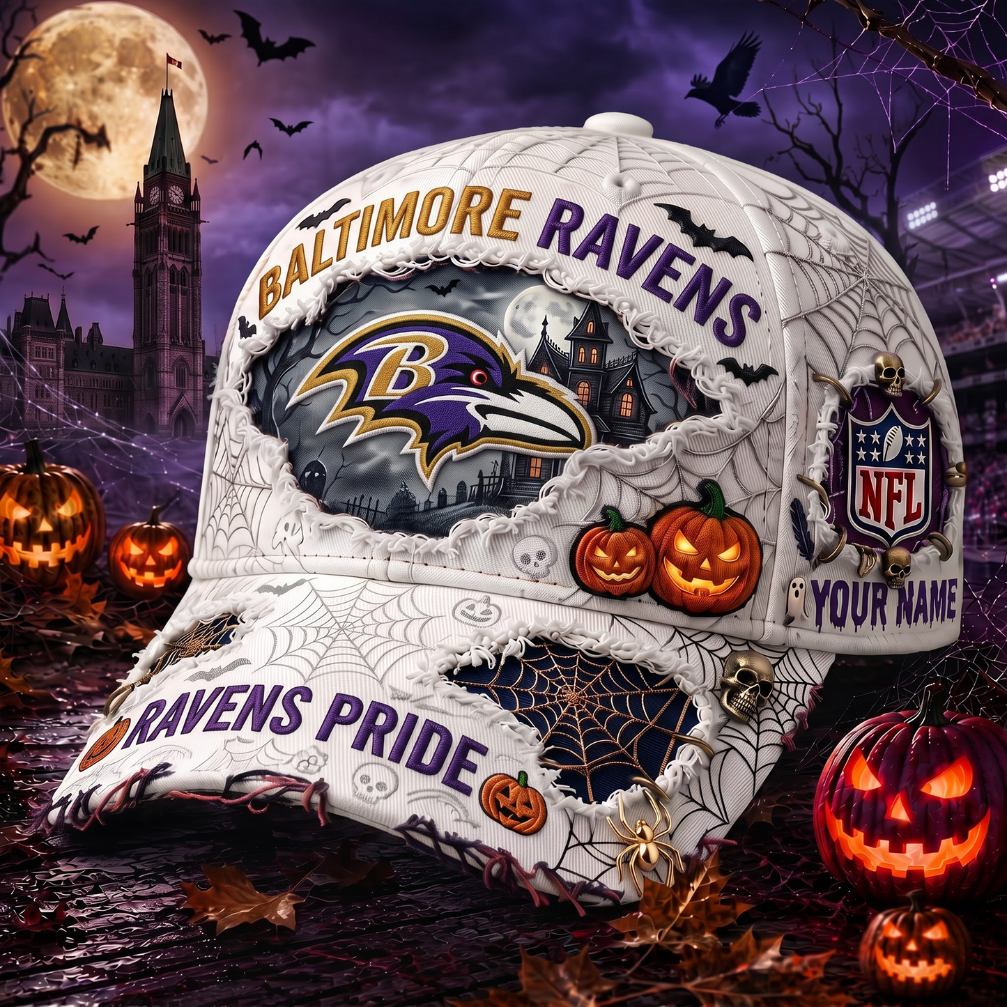 BR_NFL Premium Haunted House Themed 3D Distressed-Effect Baseball Cap