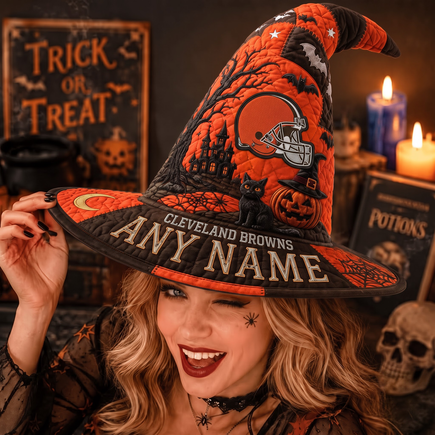 CLE X NFL Spooky Football Fan Halloween Quilted Witch Hat - Custom Name Gift