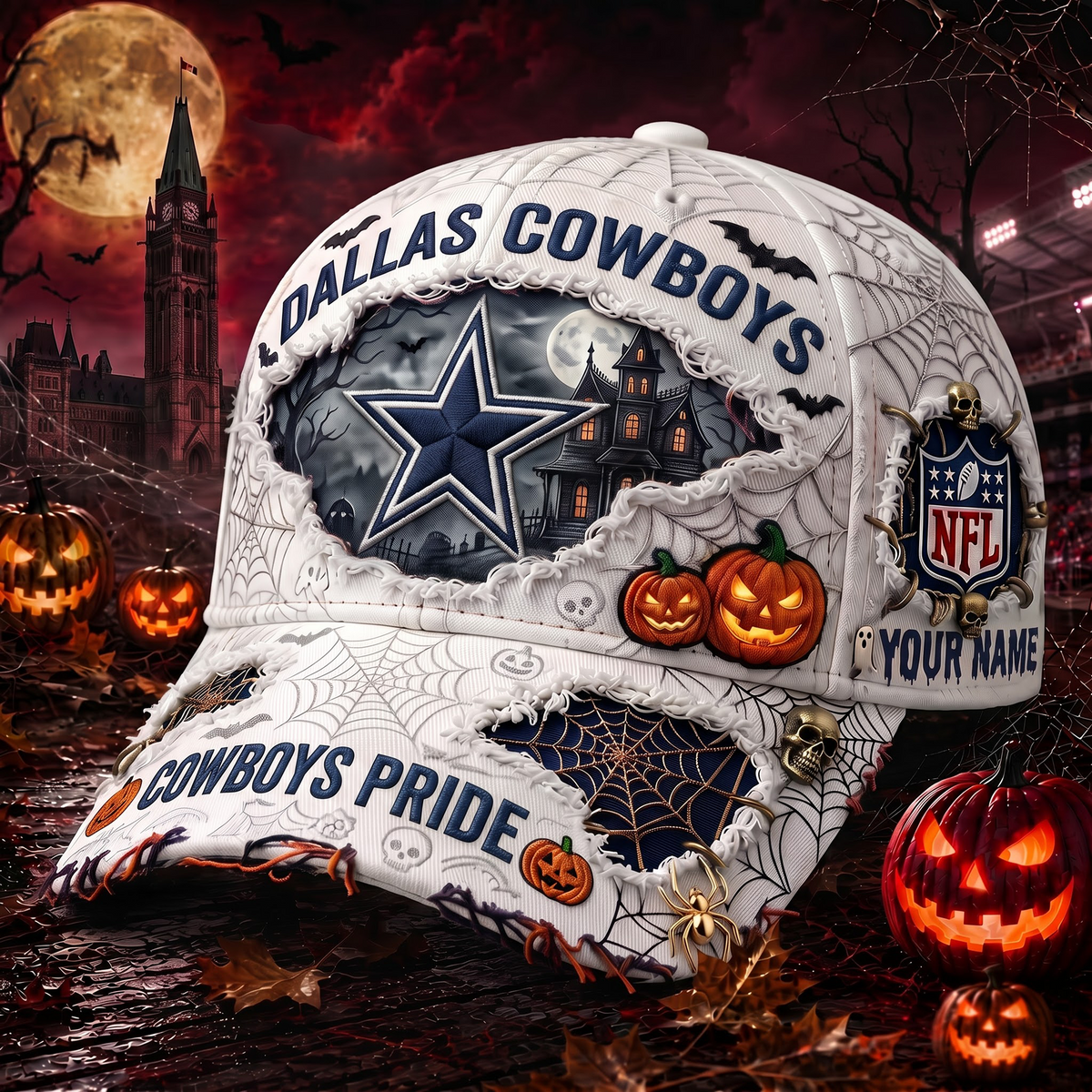 DC_NFL Premium Haunted House Themed 3D Distressed-Effect Baseball Cap