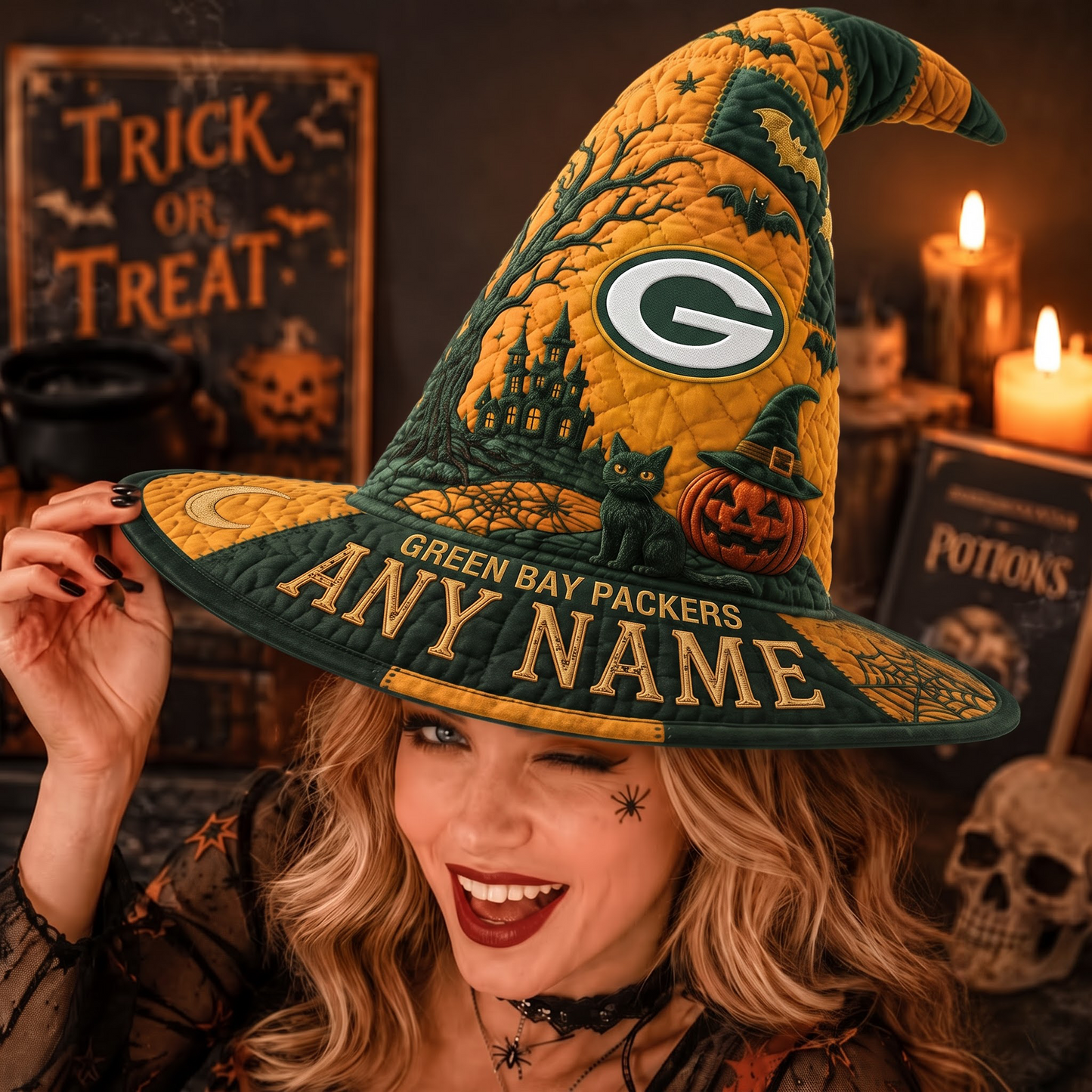 GB X NFL Spooky Football Fan Halloween Quilted Witch Hat - Custom Name Gift