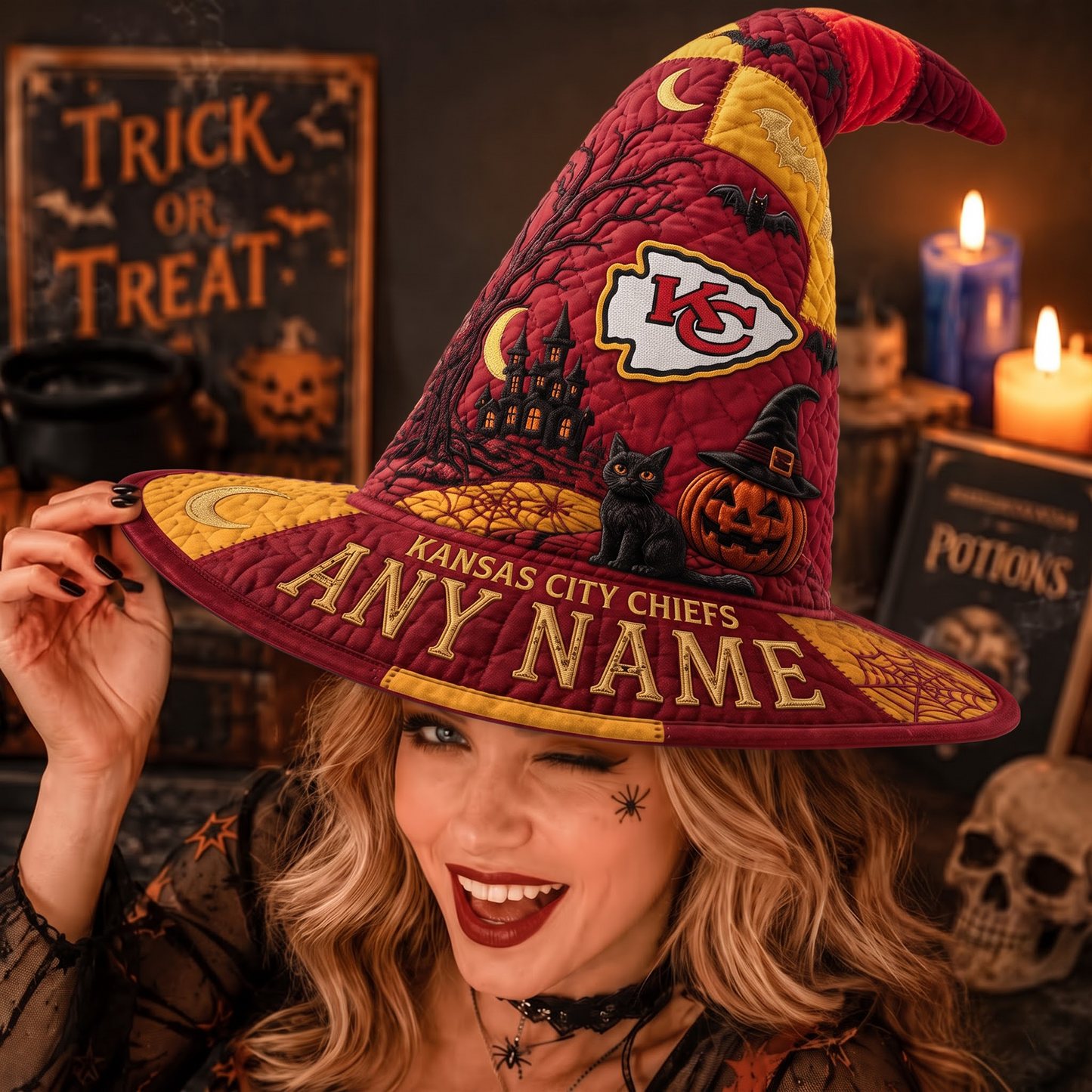 KC X NFL Spooky Football Fan Halloween Quilted Witch Hat - Custom Name Gift
