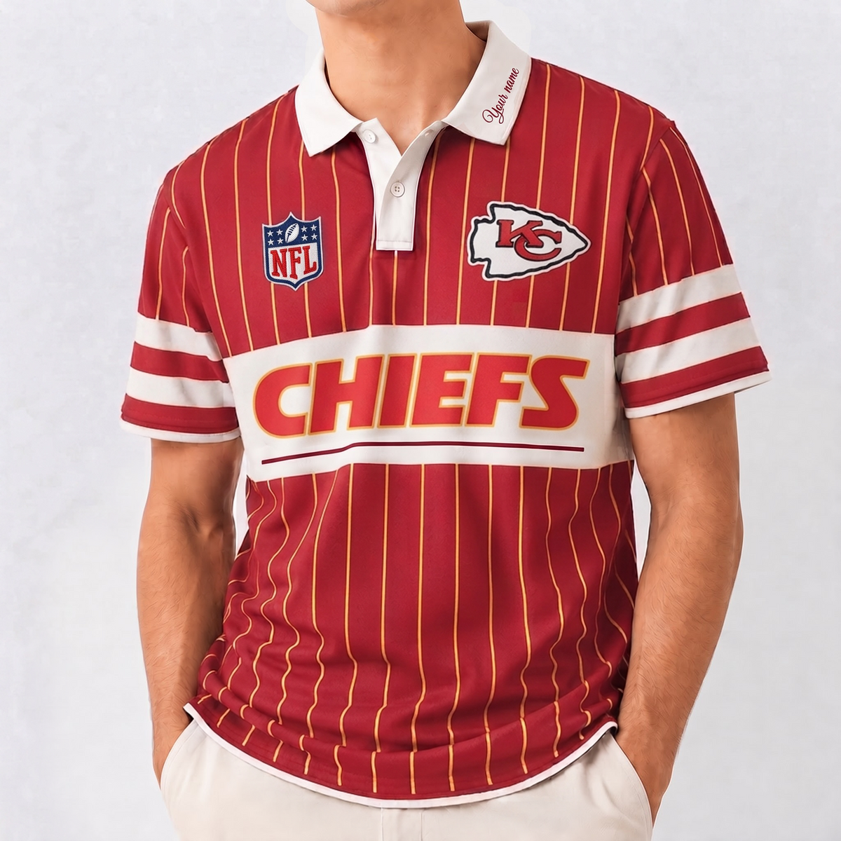KCC x NFL Fan Vintage Pinstripe Polo - Custom Collar Text Gift