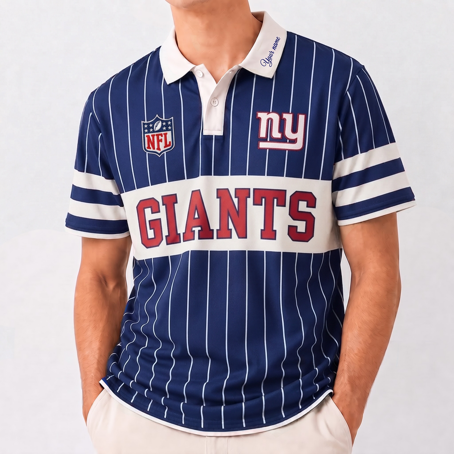 NYG x NFL Fan Vintage Pinstripe Polo - Custom Collar Text Gift
