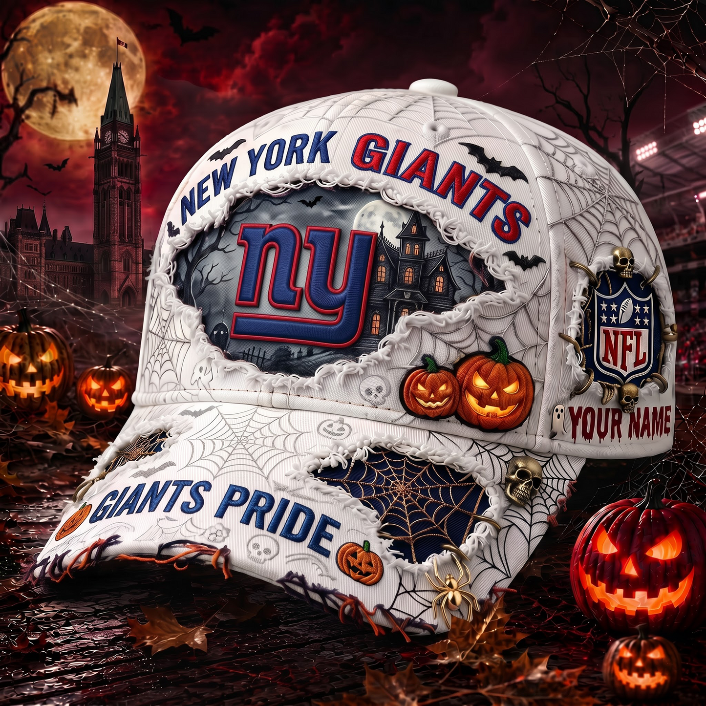 NYG_NFL Premium Haunted House Themed 3D Distressed-Effect Baseball Cap