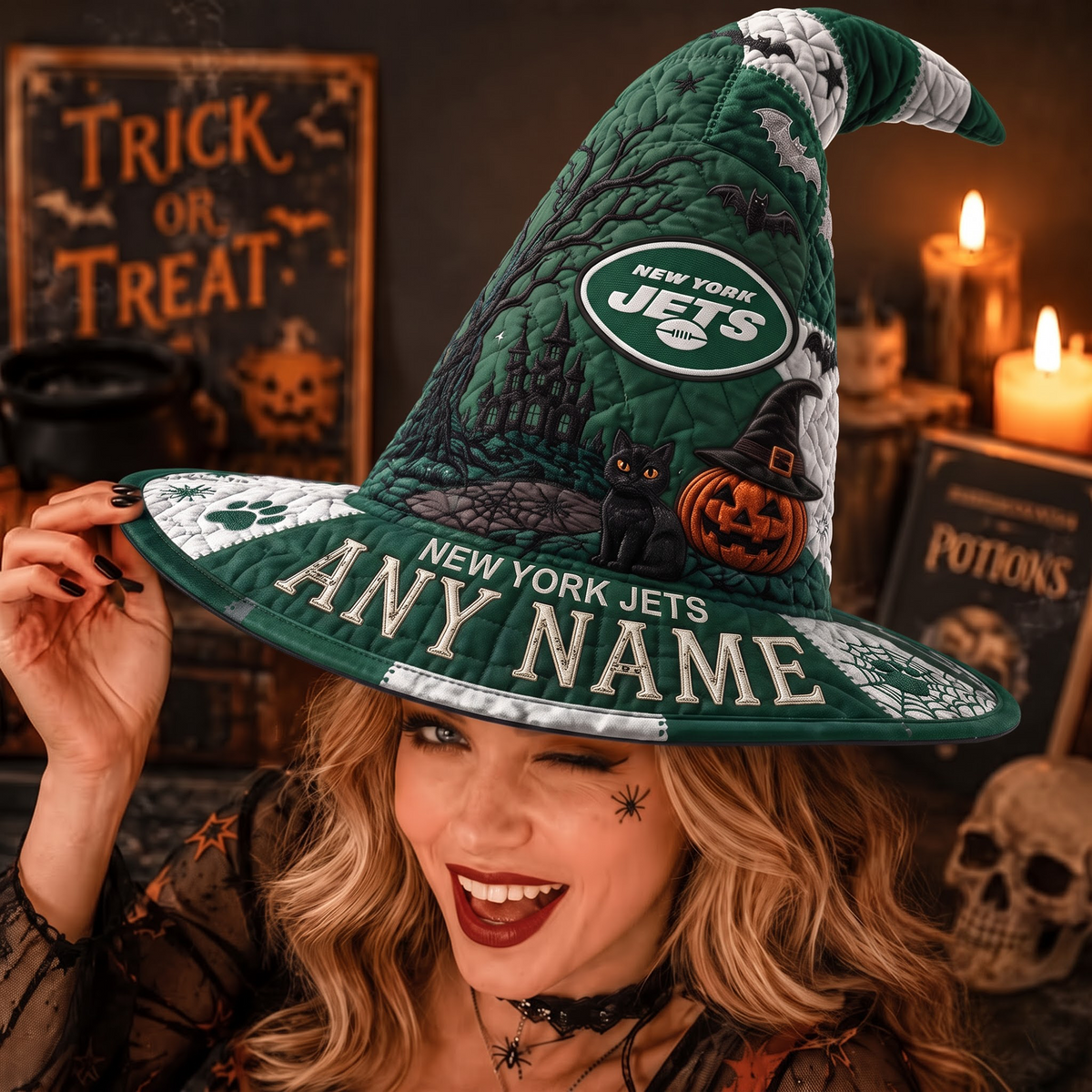 NYJ X NFL Spooky Football Fan Halloween Quilted Witch Hat - Custom Name Gift