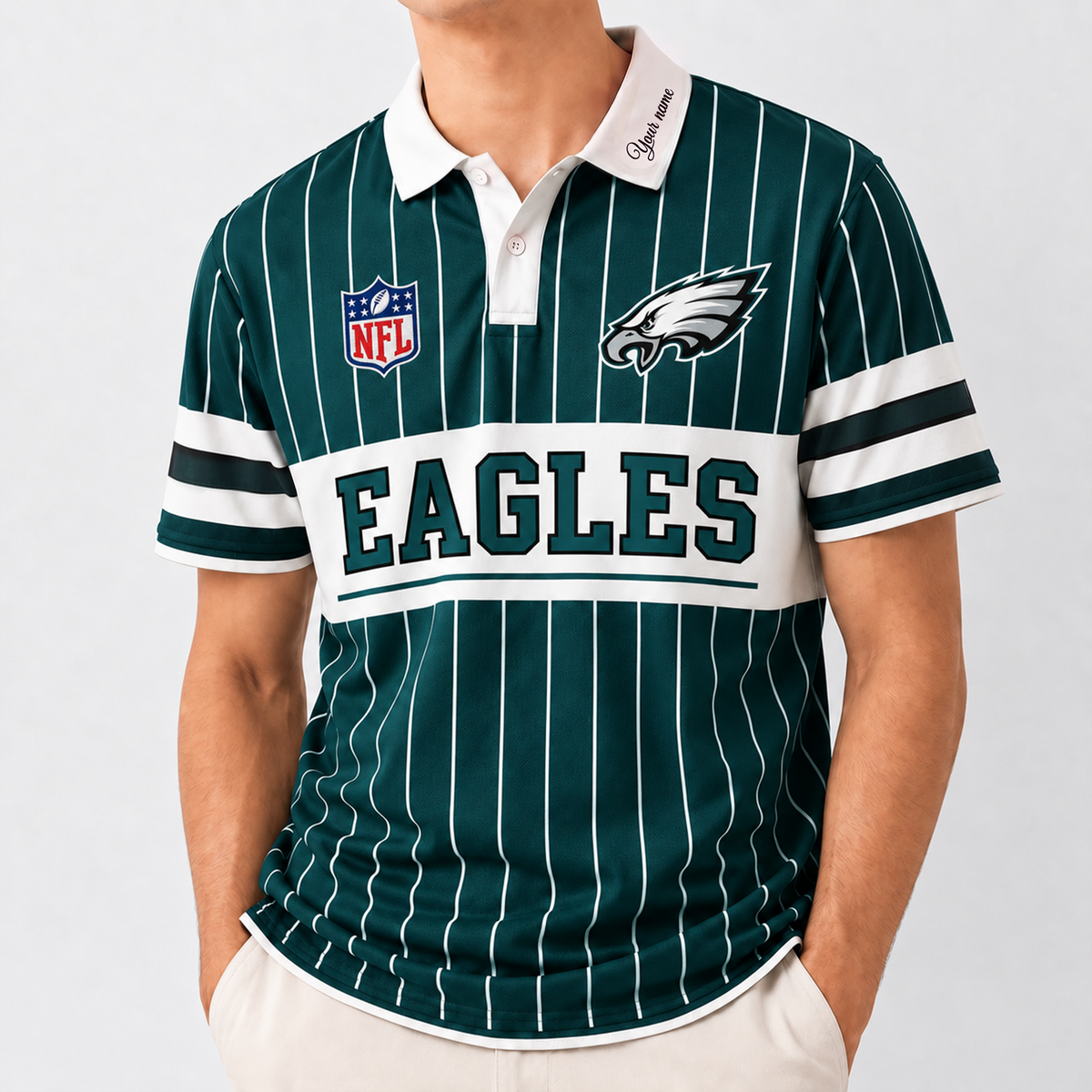 PE x NFL Fan Vintage Pinstripe Polo - Custom Collar Text Gift