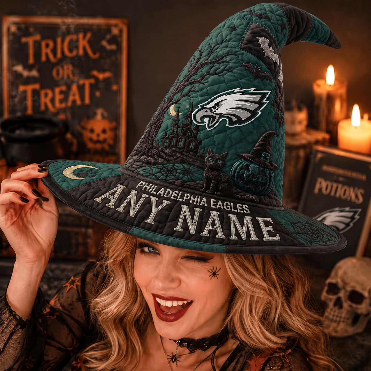 PHI X NFL Spooky Football Fan Halloween Quilted Witch Hat - Custom Name Gift