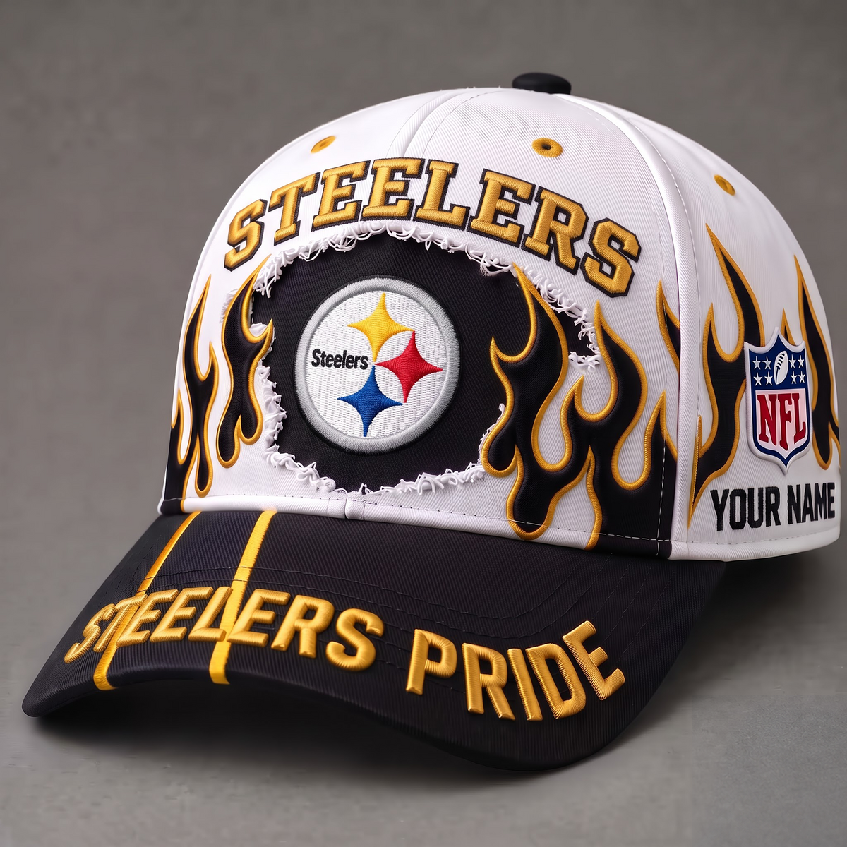 PIT X NFL EXCLUSIVE PERSONALIZED FIRE GRAPHIC CAP FOR GAME DAY