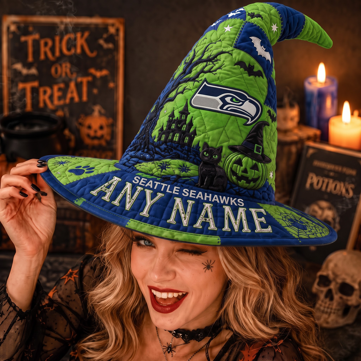 SEA X NFL Spooky Football Fan Halloween Quilted Witch Hat - Custom Name Gift