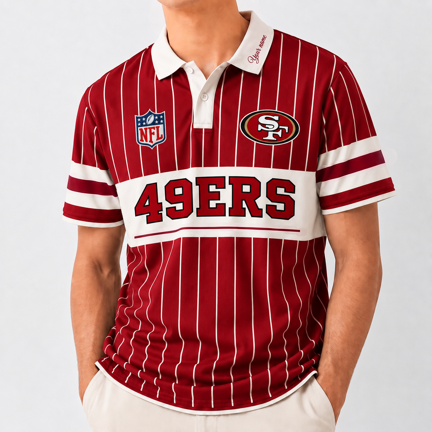 SF x NFL Fan Vintage Pinstripe Polo - Custom Collar Text Gift