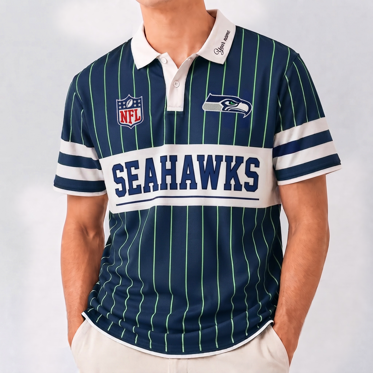 SS x NFL Fan Vintage Pinstripe Polo - Custom Collar Text Gift