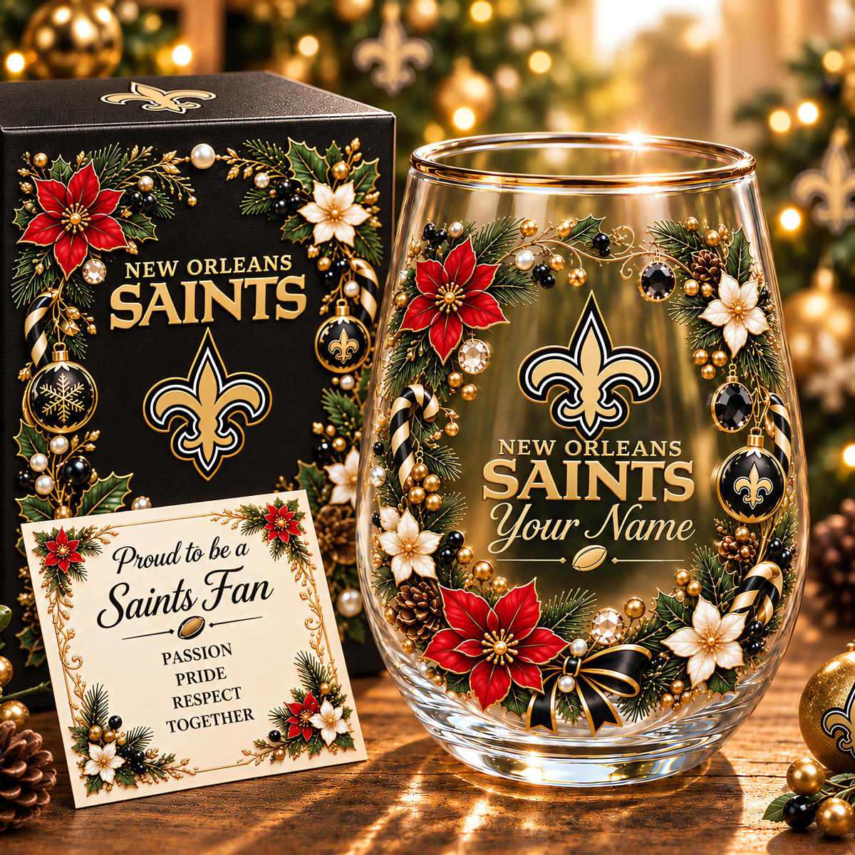 New Orleans Saints NFL Christmas Flowers Stemless Glass Custom Any Name Gift For Fan