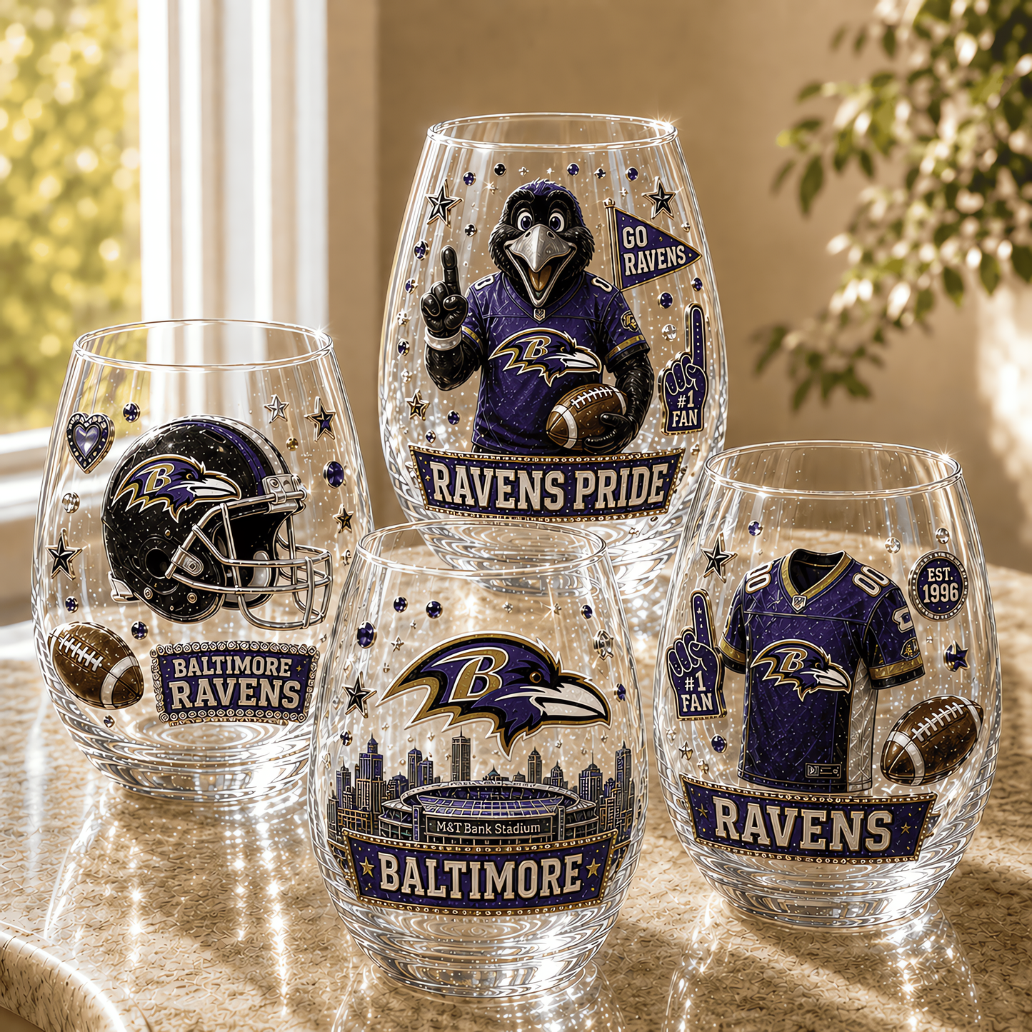 Baltimore Ravens NFL Combo Full Set 4 Stemless Glass Special Gift For Fan