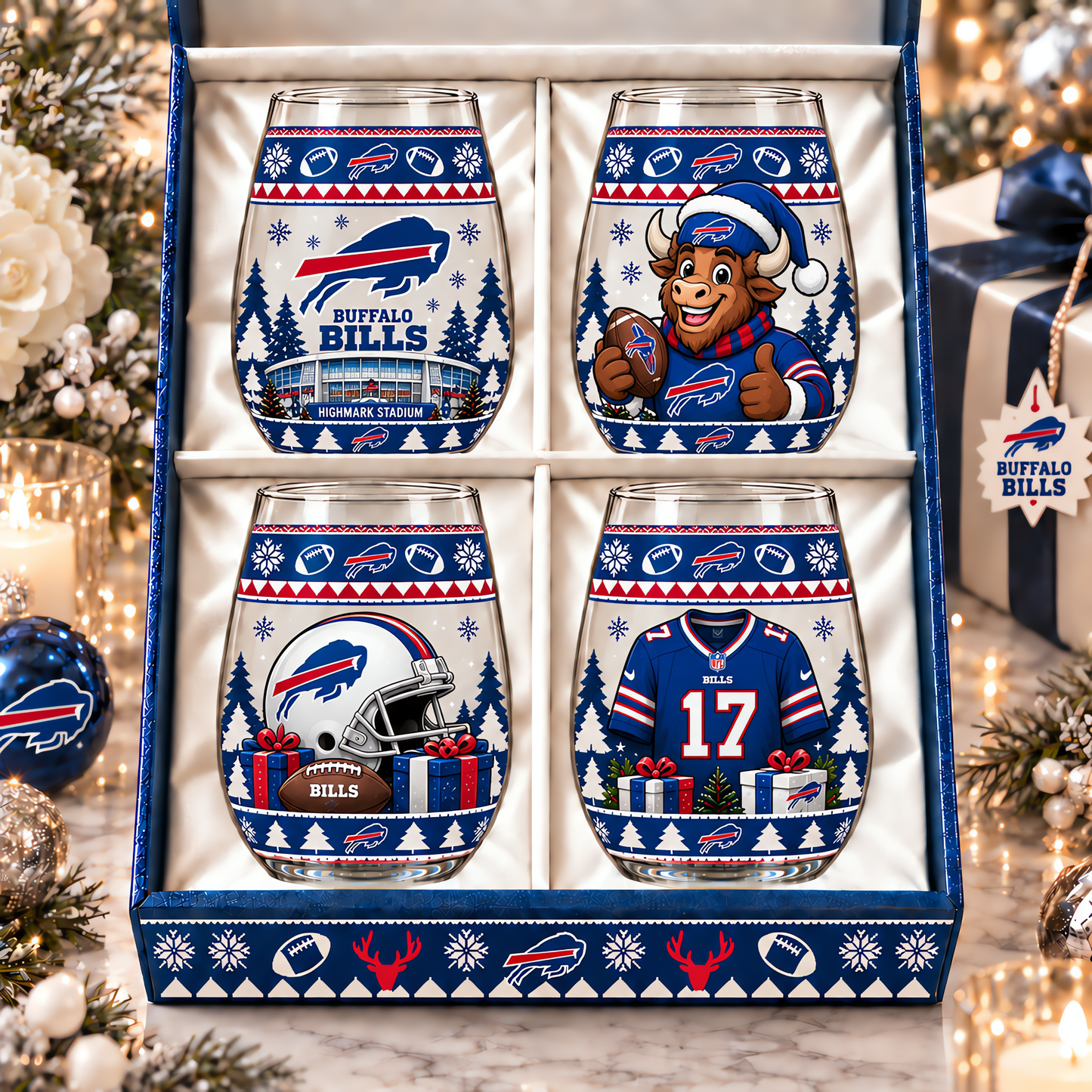 Buffalo Bills NFL Personalized Stemless Glass Set 4– Premium Limited Edition Gift for Men, Women & Football Fans