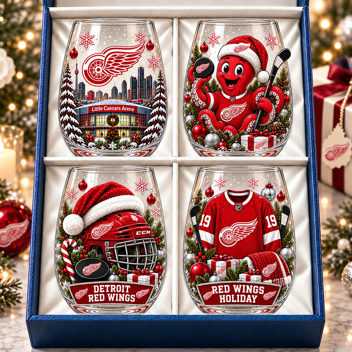 Detroit Red Wings NHL Premium Stemless Glass Set 4 Personalized Gift For Fan Hockey Men Women - Limited Edition