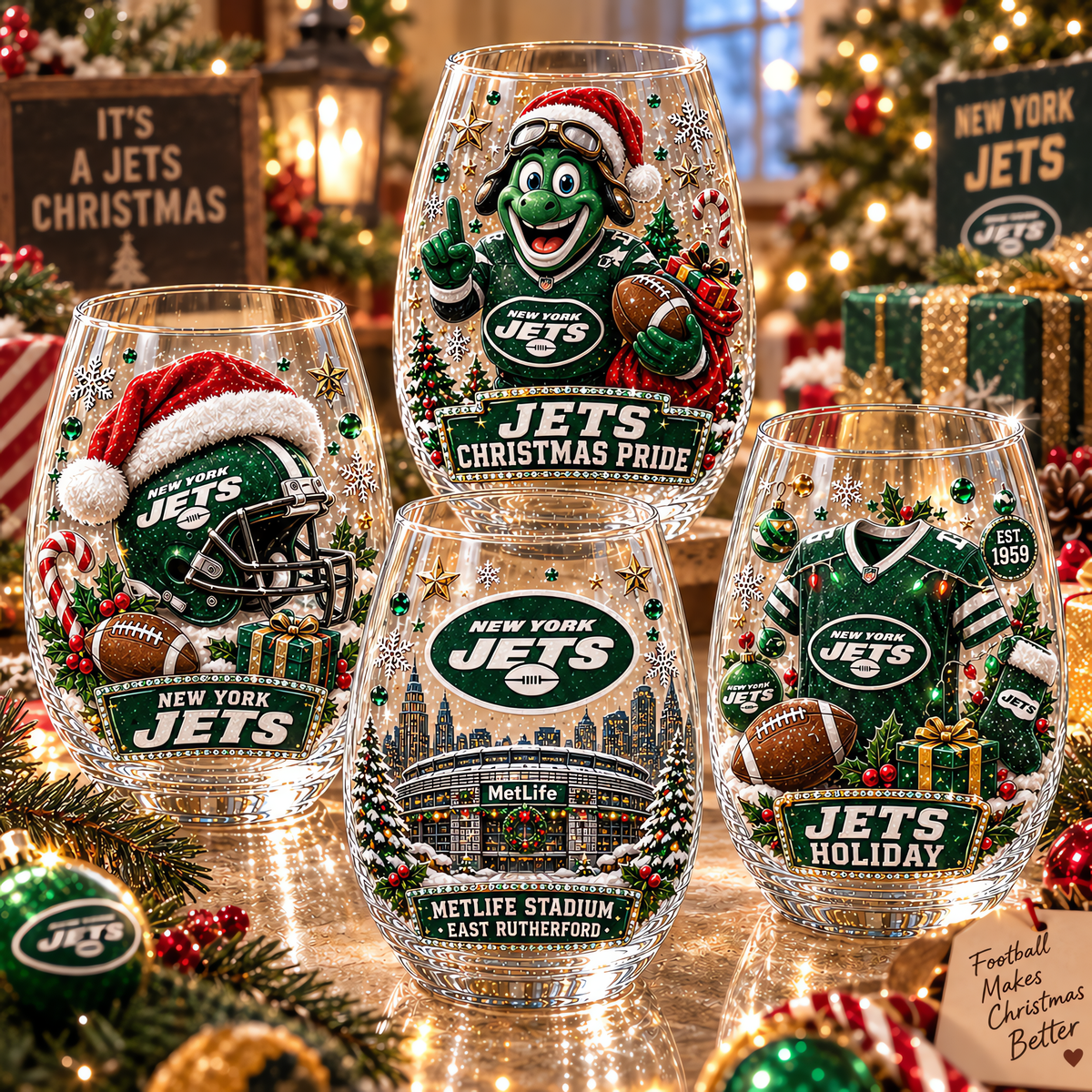 New York Jets NFL Set 4 Christmas Stemless Glass Gift For Fan Love