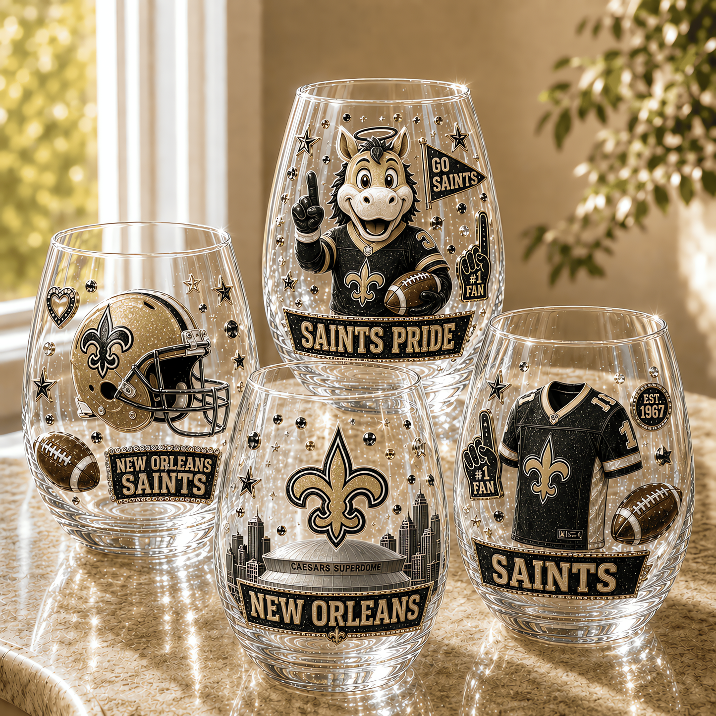 New Orleans Saints NFL Combo Full Set 4 Stemless Glass Special Gift For Fan