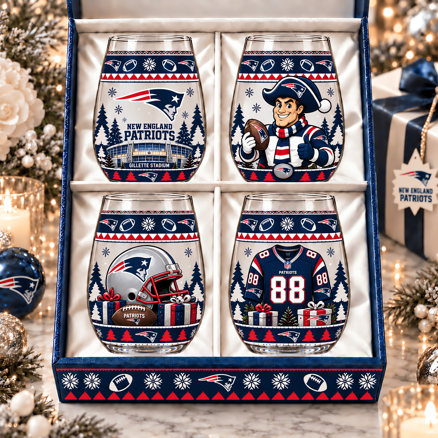 New England Patriots NFL Personalized Stemless Glass Set 4– Premium Limited Edition Gift for Men, Women & Football Fans