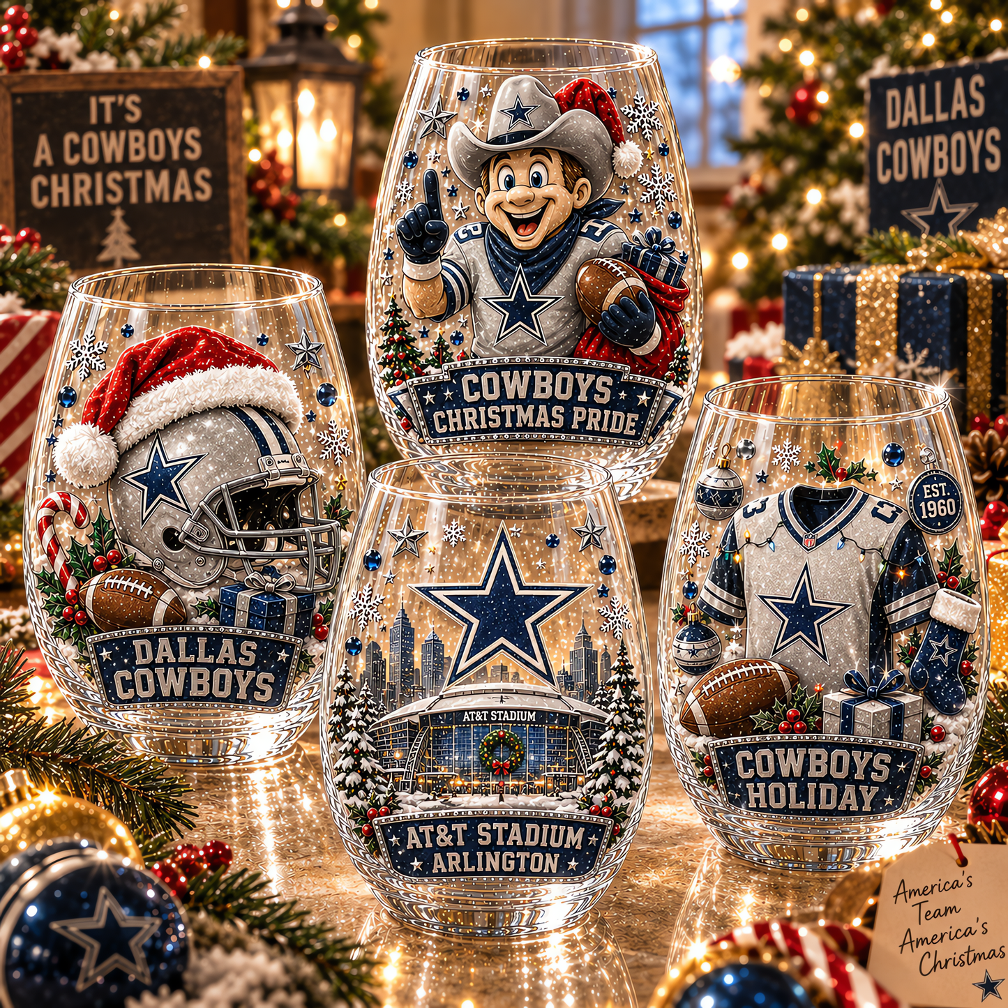 Dallas Cowboys NFL Set 4 Christmas Stemless Glass Gift For Fan Love