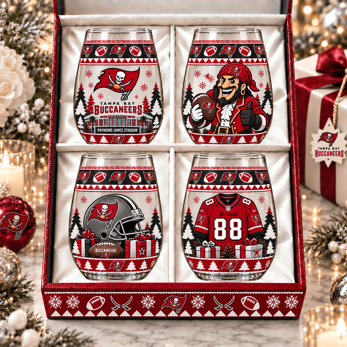 Tampa Bay Buccaneers NFL Personalized Stemless Glass Set 4– Premium Limited Edition Gift for Men, Women & Football Fans