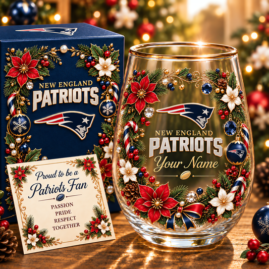 New England Patriots NFL Christmas Flowers Stemless Glass Custom Any Name Gift For Fan