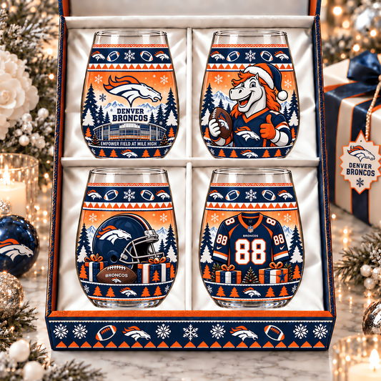 Denver Broncos NFL Personalized Stemless Glass Set 4– Premium Limited Edition Gift for Men, Women & Football Fans