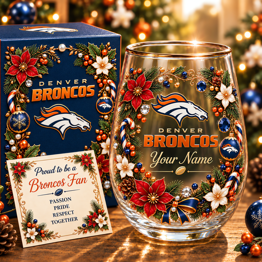 Denver Broncos NFL Christmas Flowers Stemless Glass Custom Any Name Gift For Fan