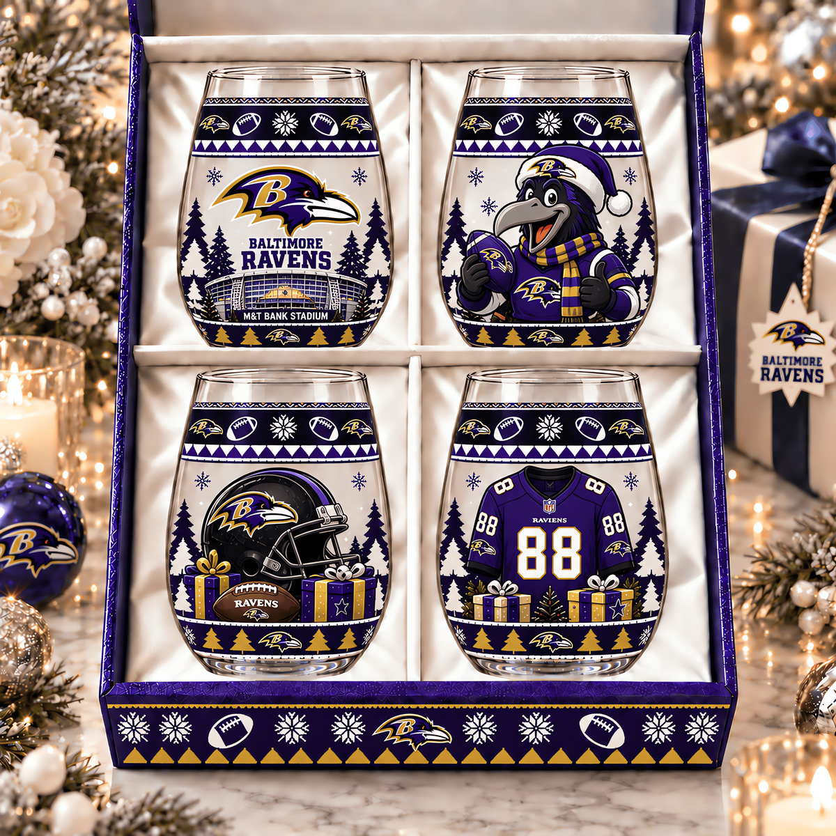 Baltimore Ravens NFL Personalized Stemless Glass Set 4– Premium Limited Edition Gift for Men, Women & Football Fans