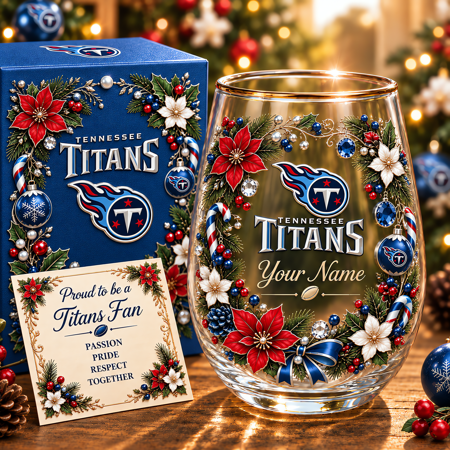 Tennessee Titans NFL Christmas Flowers Stemless Glass Custom Any Name Gift For Fan