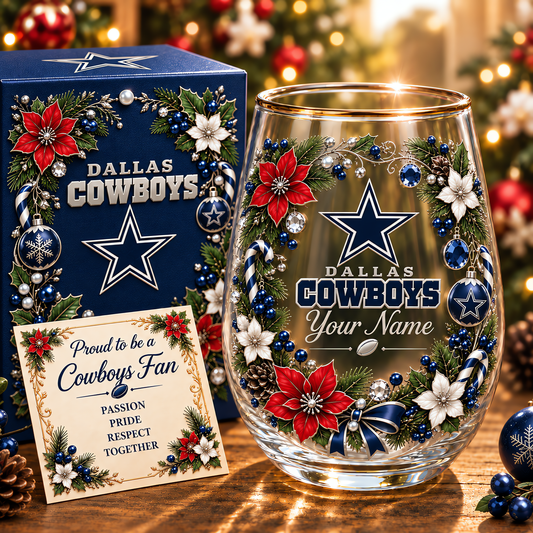 Dallas Cowboys NFL Christmas Flowers Stemless Glass Custom Any Name Gift For Fan