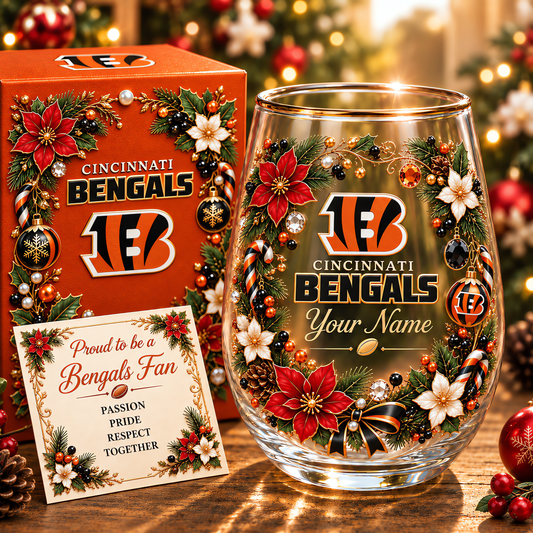 Cincinnati Bengals NFL Christmas Flowers Stemless Glass Custom Any Name Gift For Fan