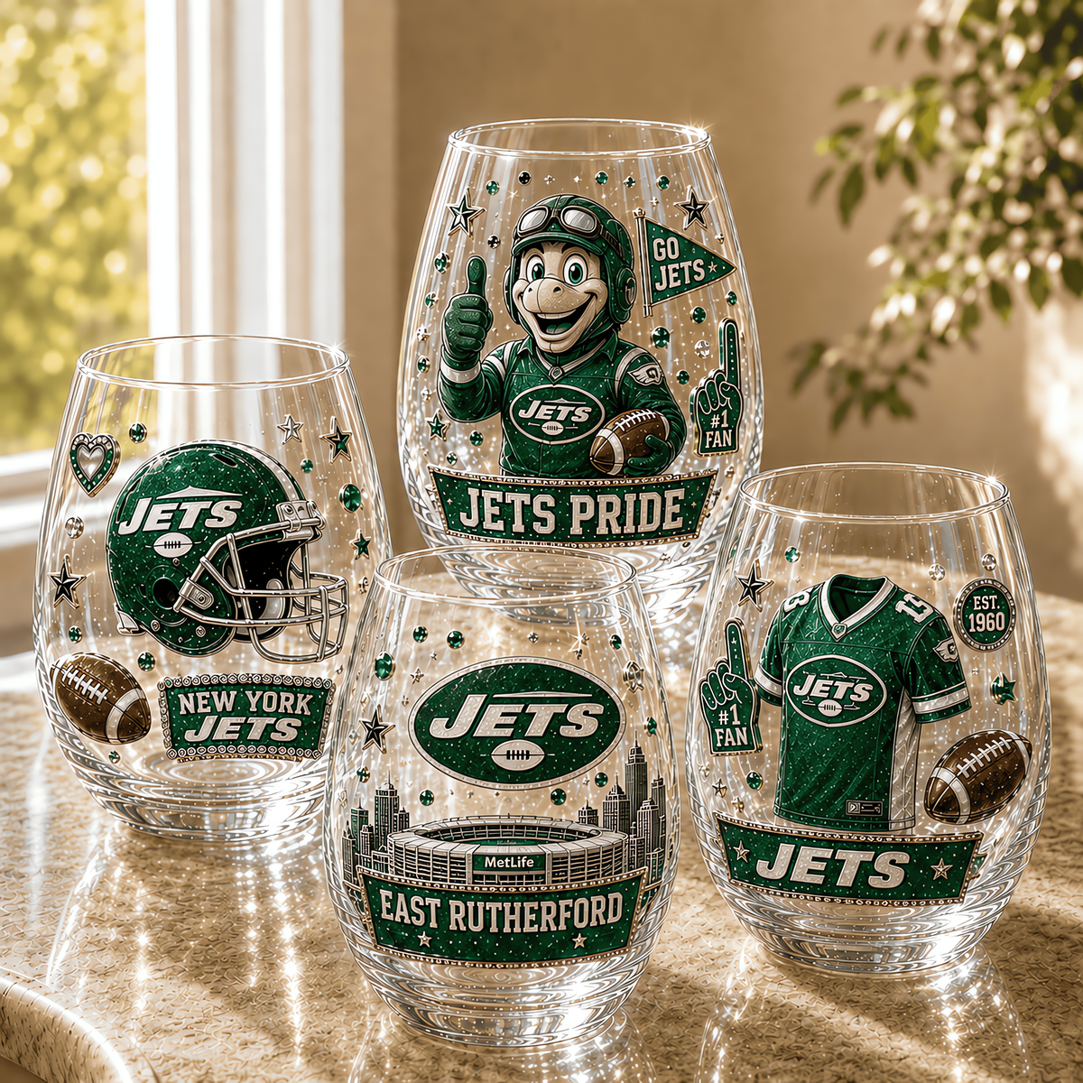 New York Jets NFL Combo Full Set 4 Stemless Glass Special Gift For Fan