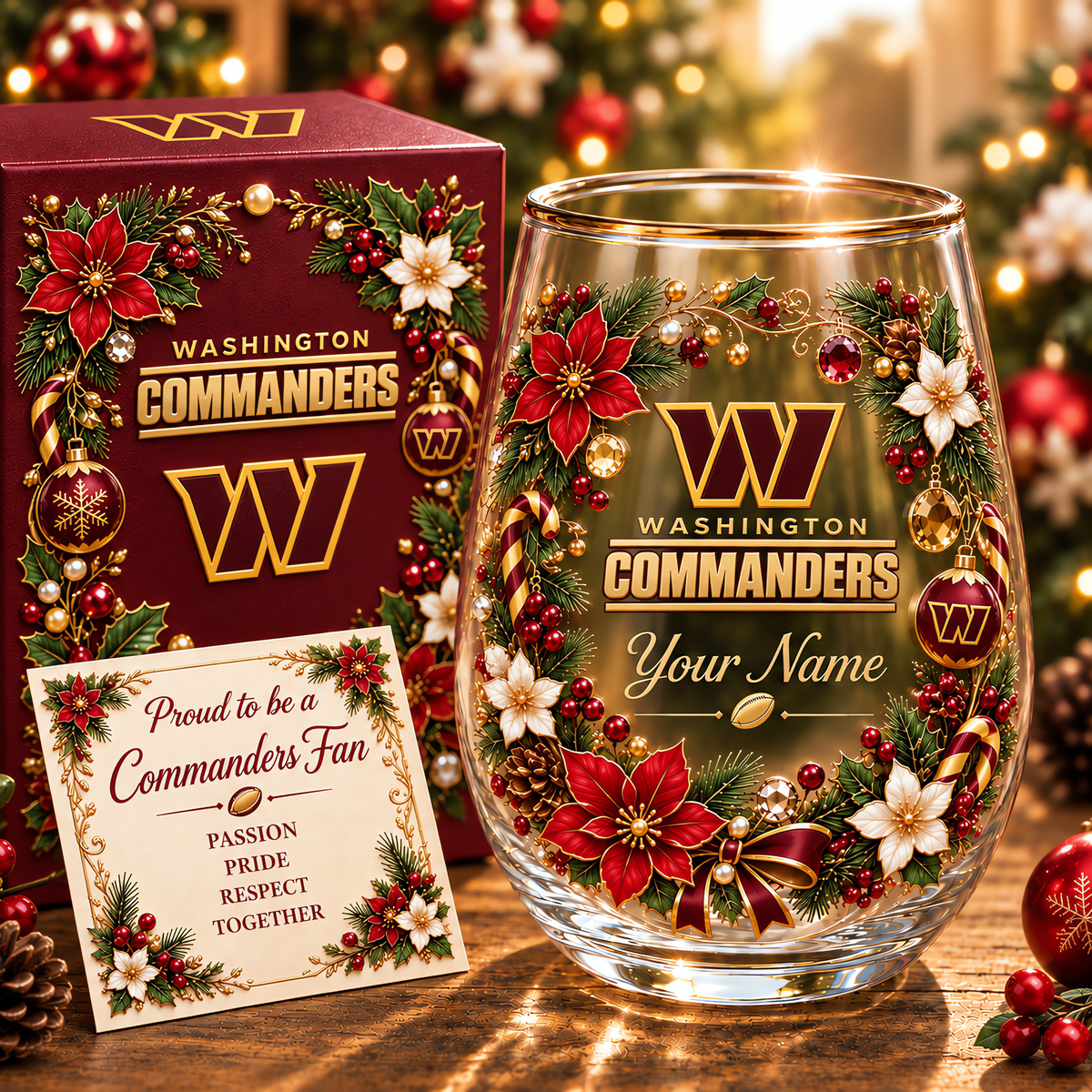 Washington Commanders NFL Christmas Flowers Stemless Glass Custom Any Name Gift For Fan
