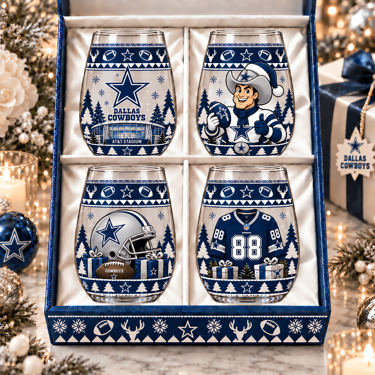 Dallas Cowboys NFL Personalized Stemless Glass Set 4– Premium Limited Edition Gift for Men, Women & Football Fans
