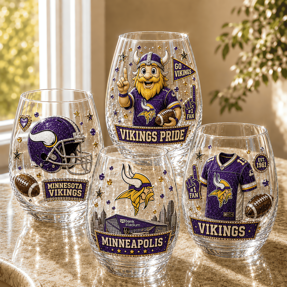 Minnesota Vikings NFL Combo Full Set 4 Stemless Glass Special Gift For Fan